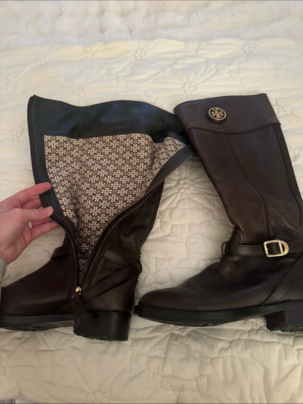 Tory Burch Dark Brown Leather Mid-Calf Riding Boots with Gold Logo